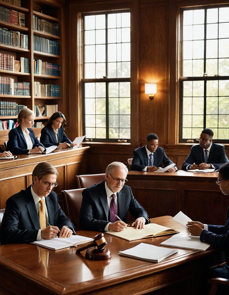A visually striking courtroom scene featuring a diverse group of legal professionals discussing strategies around a large wooden table. One person holds a gavel, while others take notes with laptops and legal pads, showcasing collaboration in case management. The background illustrates legal books and a window with soft sunlight filtering through, creating an inspiring atmosphere. super-realistic. vibrant colors. soft lighting.